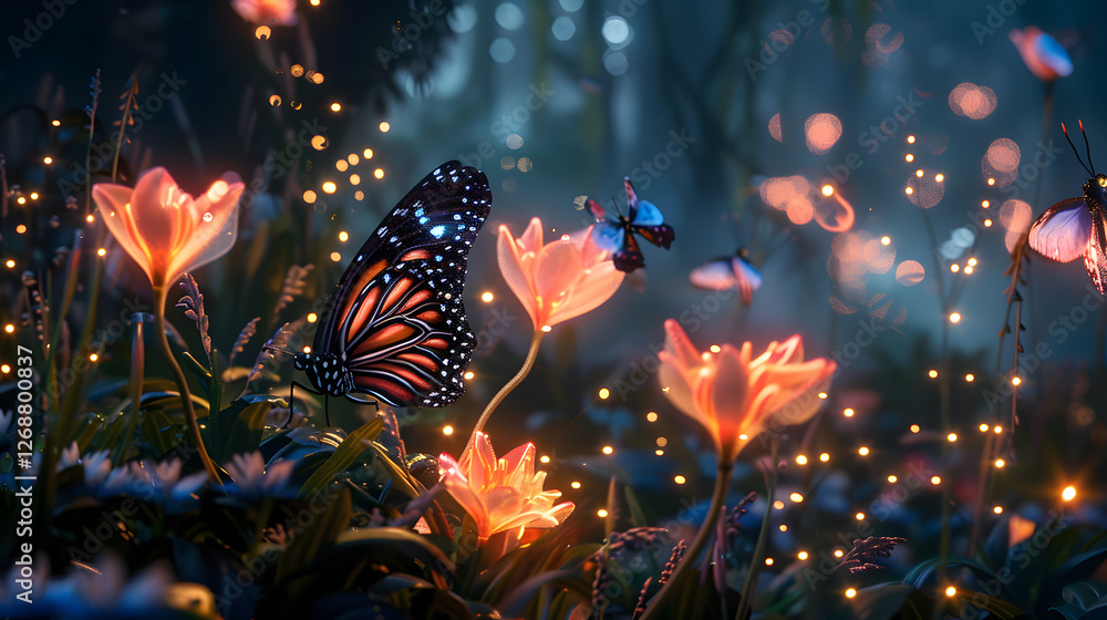Fototapeta premium Enchanted garden at twilight with butterflies