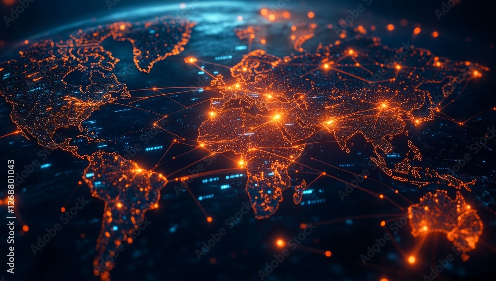 Global network connections, data flow, digital world map, background Global network connections, data flow, digital world map, background