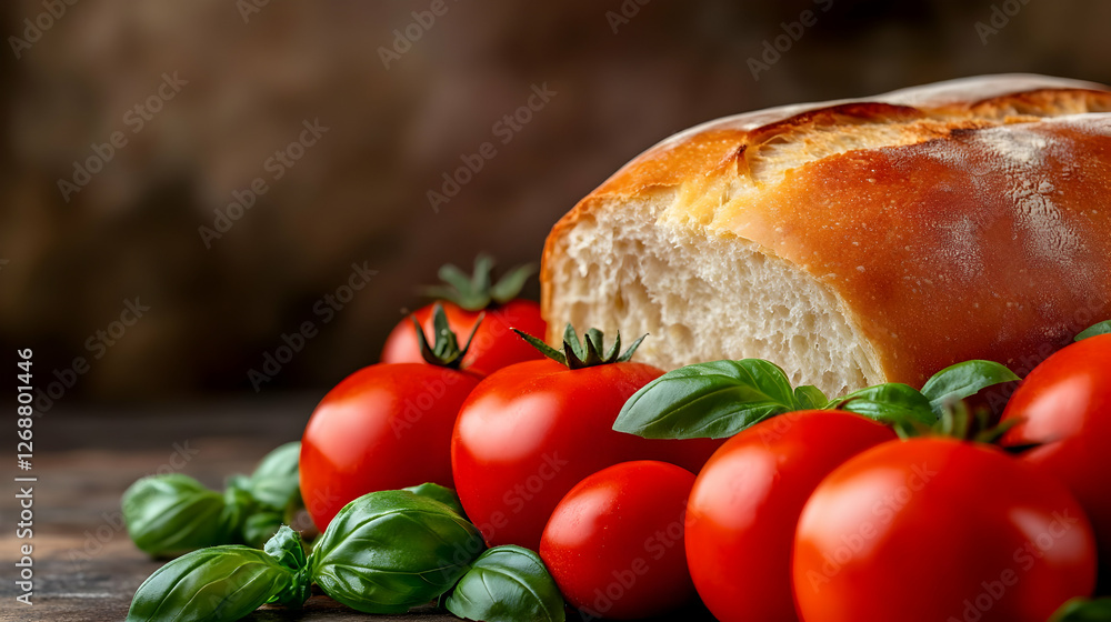 Freshly baked bread with ripe tomatoes and fragrant basil on a rustic wooden table. Freshly baked bread with ripe tomatoes and fragrant basil on a rustic wooden table.