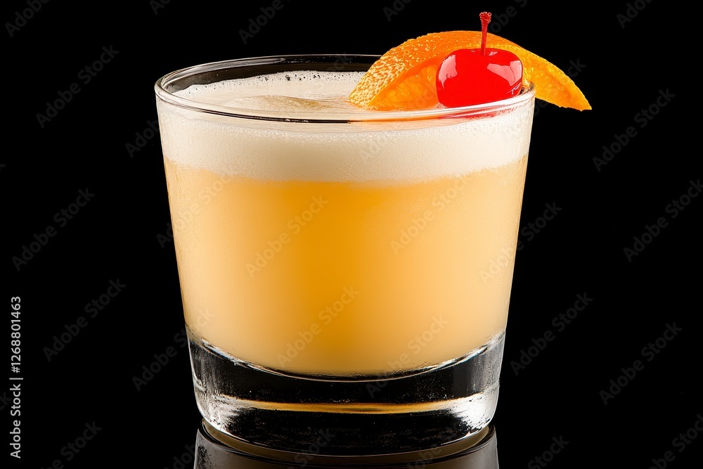 Pale Yellow Cocktail with Orange and Cherry Garnish Pale Yellow Cocktail with Orange and Cherry Garnish