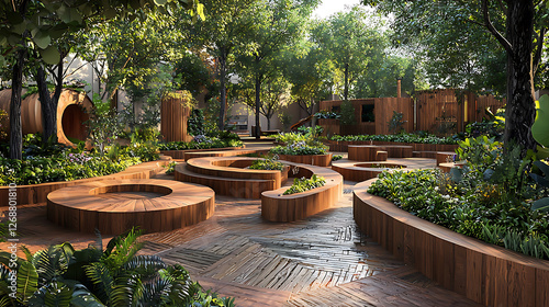 serene rooftop sensory maze featuring natural wood pathways, lush greenery, and vibrant plants creates tranquil escape