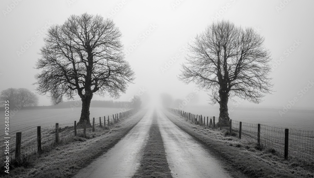 Foggy country lane, trees framing road, winter scene, rural landscape, travel Foggy country lane, trees framing road, winter scene, rural landscape, travel