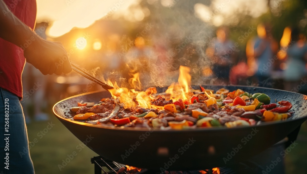 Man grilling food at sunset backyard party