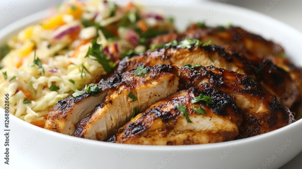 A bowl of grilled chicken with a side of coleslaw, garnished with herbs. A bowl of grilled chicken with a side of coleslaw, garnished with herbs.