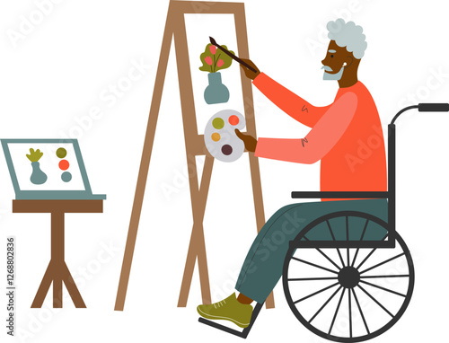 png character senior person artist  with disability in wheelchair drawing on canvas. Senior male painter in wheel chair painting at easel. Flat vector illustration isolated on transparent background