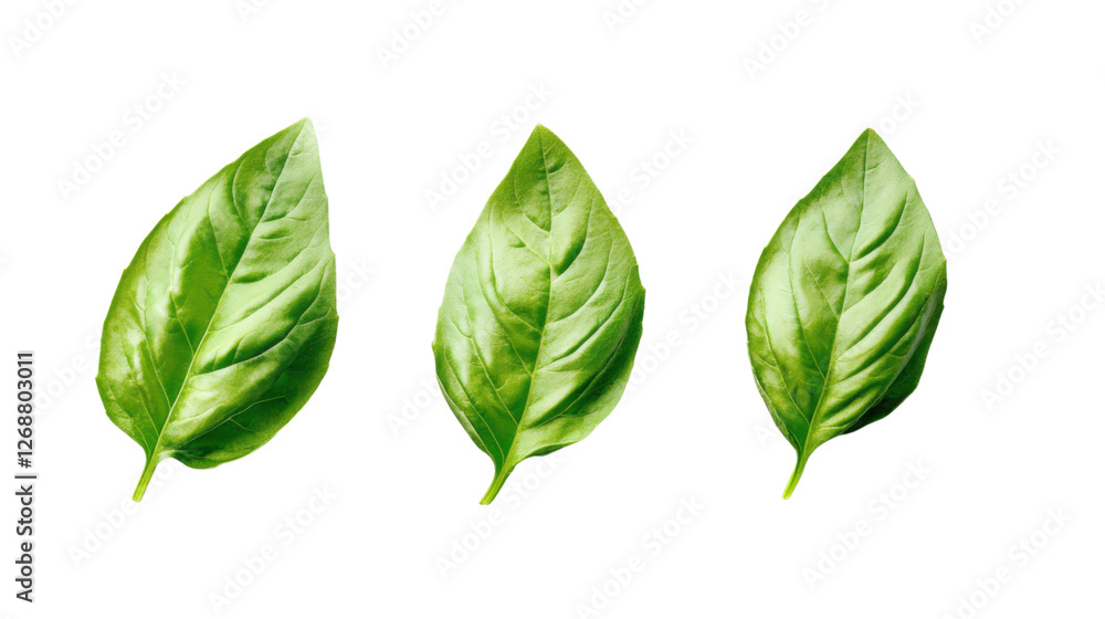 Three fresh basil leaves isolated on transparent background Three fresh basil leaves isolated on transparent background