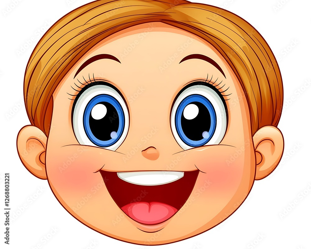 Happy Cartoon Face of a Cheerful Child with Bright Blue Eyes Happy Cartoon Face of a Cheerful Child with Bright Blue Eyes