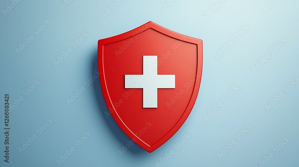 A red shield symbol featuring a white cross, representing Swiss heritage and healthcare, set against a light blue background. A red shield symbol featuring a white cross, representing Swiss heritage and healthcare, set against a light blue background.