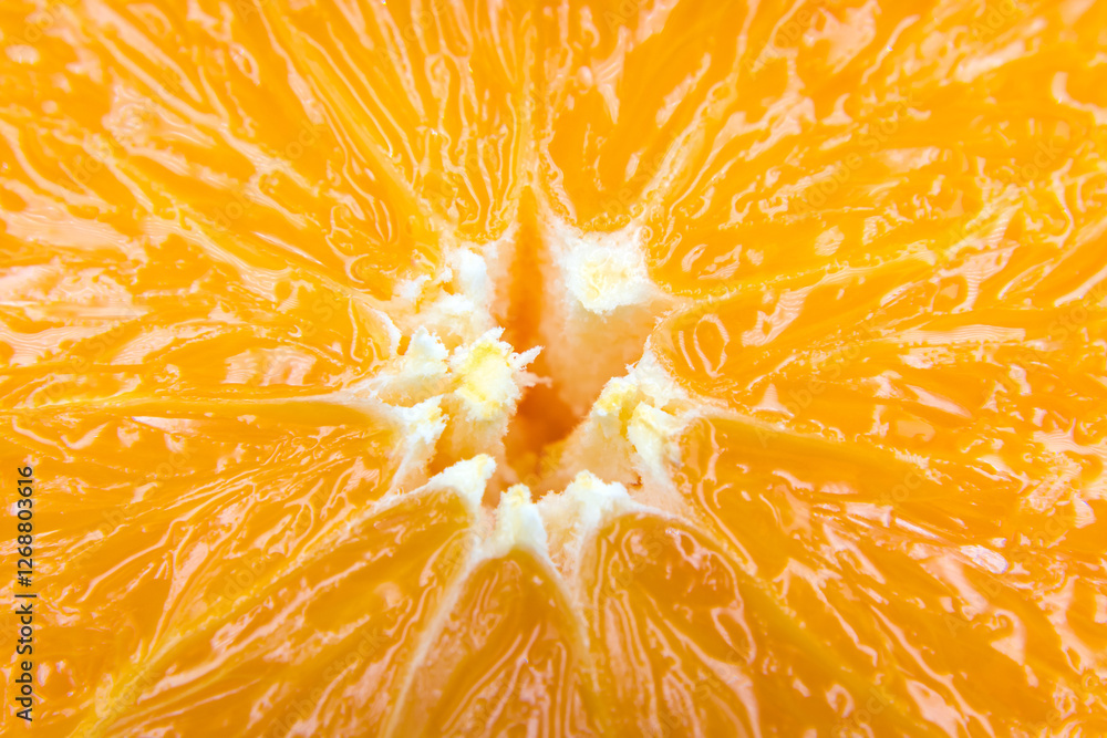 Oranges cut in half, cross-section, flesh.
