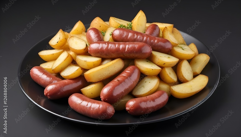 German sausage and potato fry isolated on white background German sausage and potato fry isolated on white background