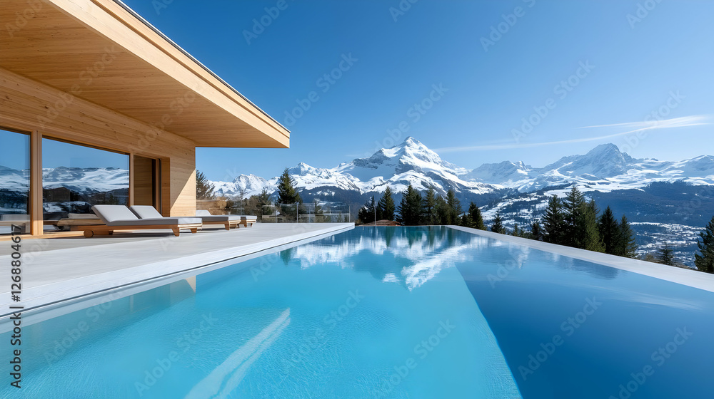 Fototapeta premium Modern house with stunning pool overlooking snow-capped mountains and clear blue sky.
