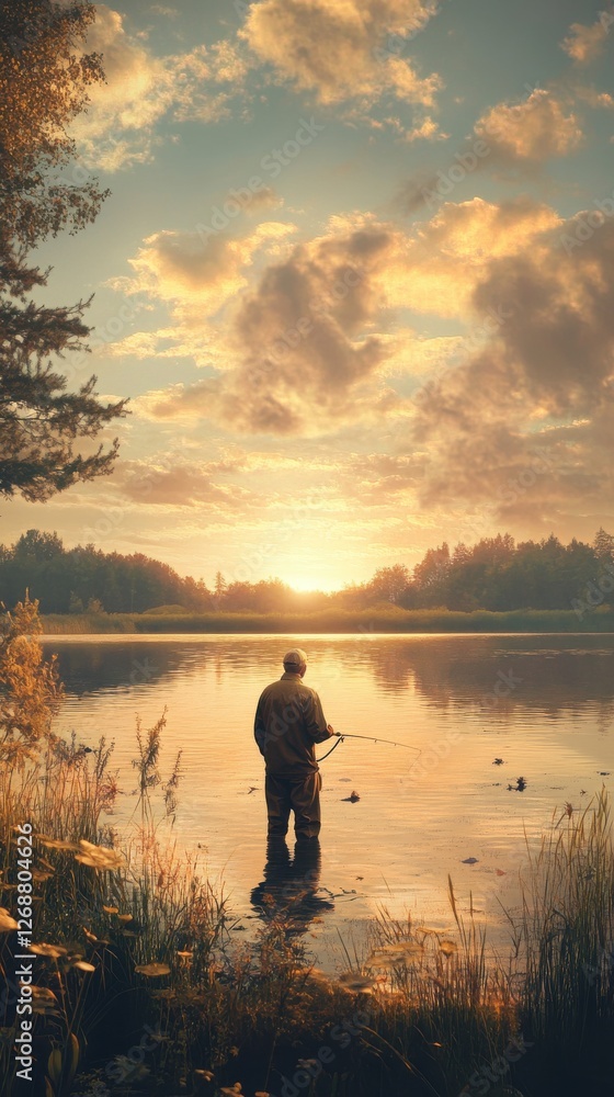 Fisherman enjoying a serene sunset by the calm lake Fisherman enjoying a serene sunset by the calm lake