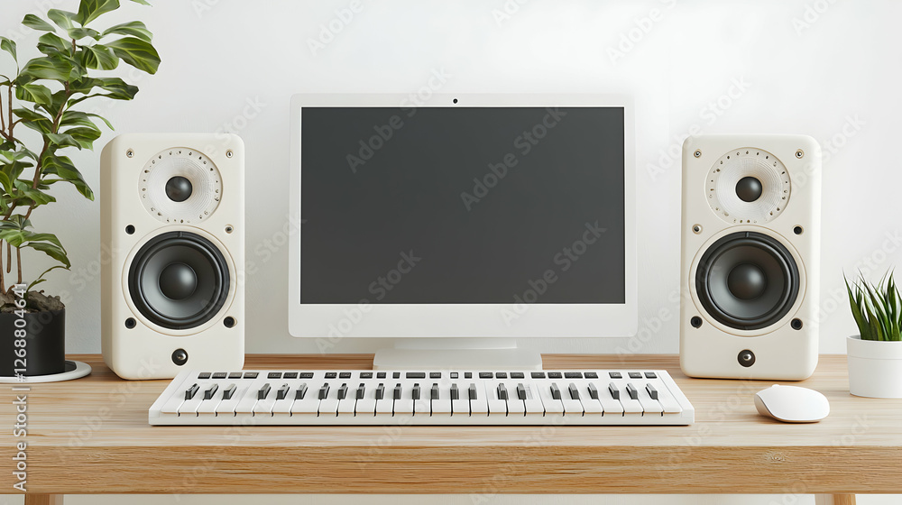 Obraz premium Home music studio setup with computer, speakers, keyboard