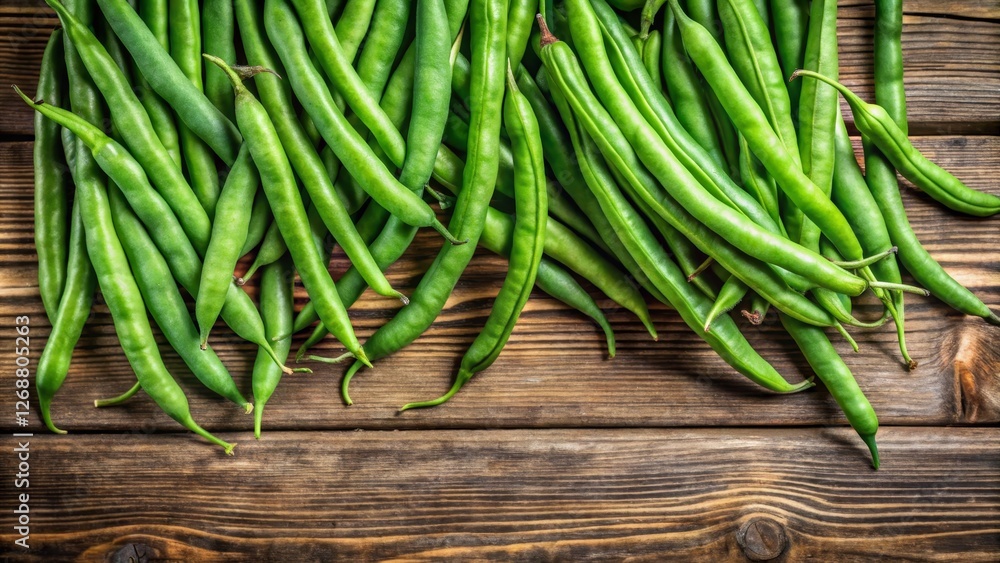 Fresh Green Beans Spread on Wooden Table Surface Background Fresh Green Beans Spread on Wooden Table Surface Background