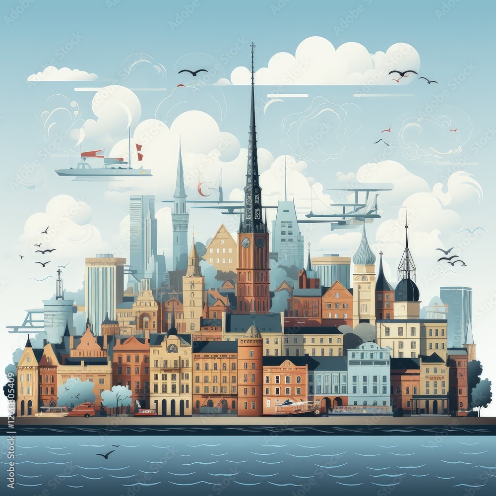 Obraz premium Stylized Graphic Representation of Riga’s Urban Landscape
