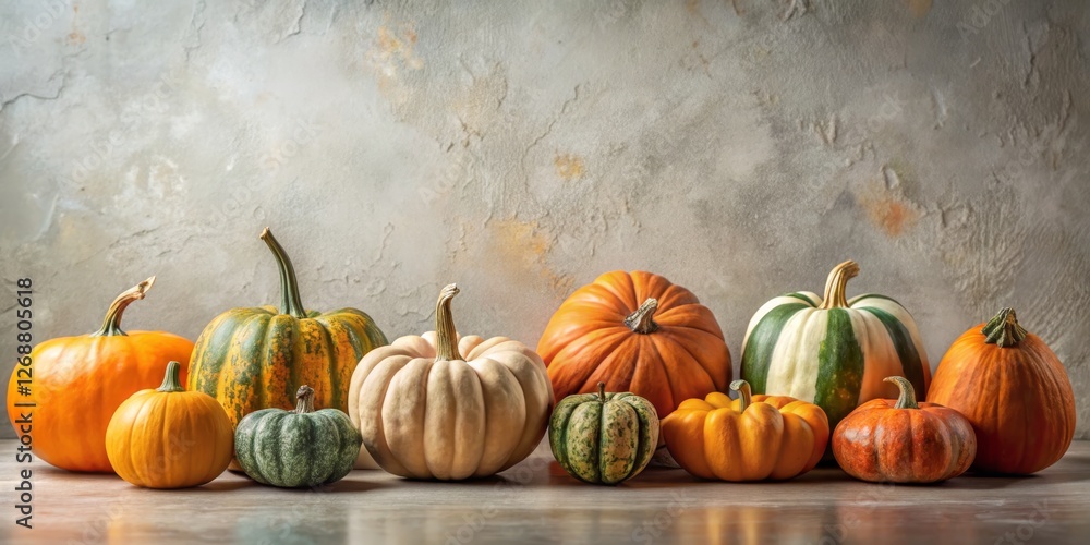 Diverse Collection of Colorful Pumpkins Against Textured Background Diverse Collection of Colorful Pumpkins Against Textured Background
