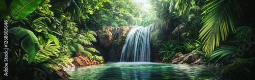Watercolor background depicting a serene jungle waterfall surrounded by vibrant greenery and tranquil waters in a tropical setting © vadosloginov