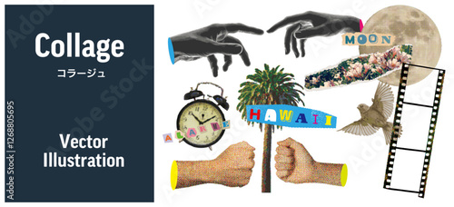 コラージュ素材、パーツ、レトロモダンなベクター粗素材