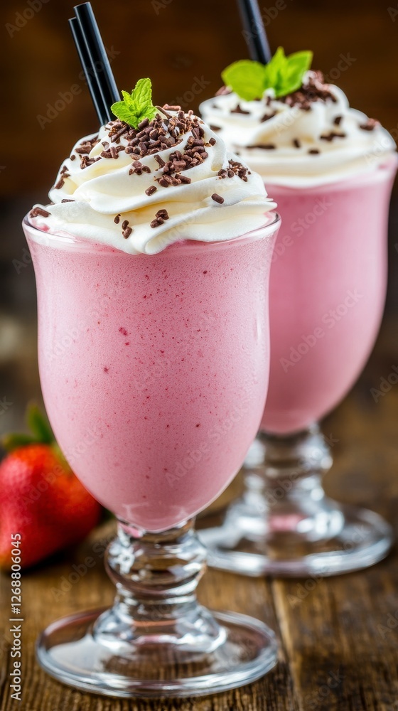 Pink Strawberry Milkshake with Whipped Cream and Chocolate Pink Strawberry Milkshake with Whipped Cream and Chocolate