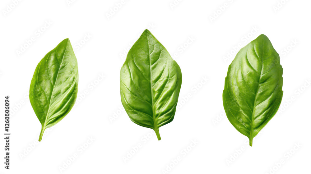 Three fresh basil leaves isolated on transparent background Three fresh basil leaves isolated on transparent background