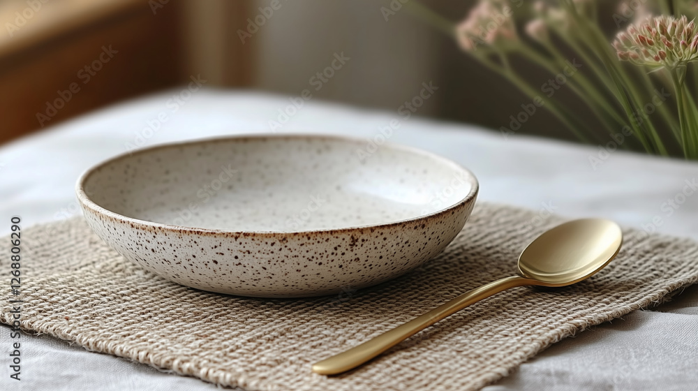 Elegant speckled ceramic bowl with a golden spoon placed on a textured cloth at a cozy dining table setting in a warm, inviting kitchen during the afternoon. Generative AI Elegant speckled ceramic bowl with a golden spoon placed on a textured cloth at a cozy dining table setting in a warm, inviting kitchen during the afternoon. Generative AI