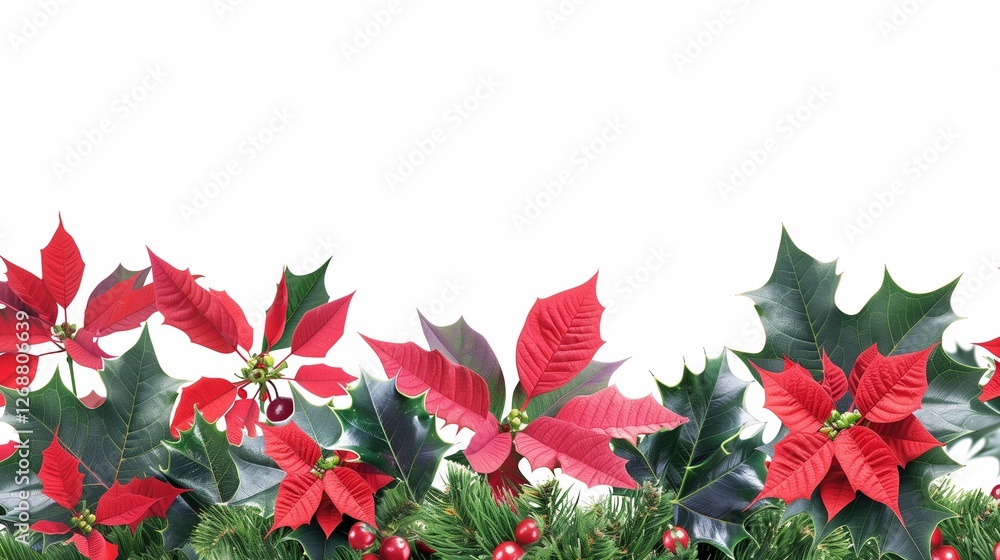 A festive border featuring poinsettias and holly leaves adorning the top edge, introducing holiday cheer to the clean white backdrop. A festive border featuring poinsettias and holly leaves adorning the top edge, introducing holiday cheer to the clean white backdrop.