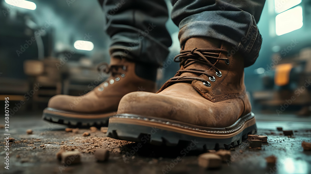 Stylish work boots in a workshop setting, showcasing durability and design excellence. Stylish work boots in a workshop setting, showcasing durability and design excellence.