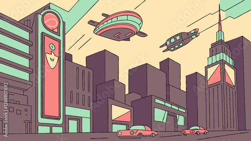 A futuristic cityscape with glowing holographic billboards and flying vehicles, vector illustration.