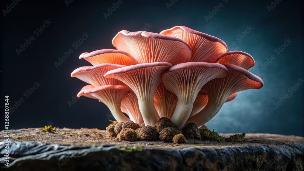 Fungal growth on a dark surface, earthy, pink oyster mushroom, earthy, pink oyster mushroom, organic, biology, wild Fungal growth on a dark surface, earthy, pink oyster mushroom, earthy, pink oyster mushroom, organic, biology, wild