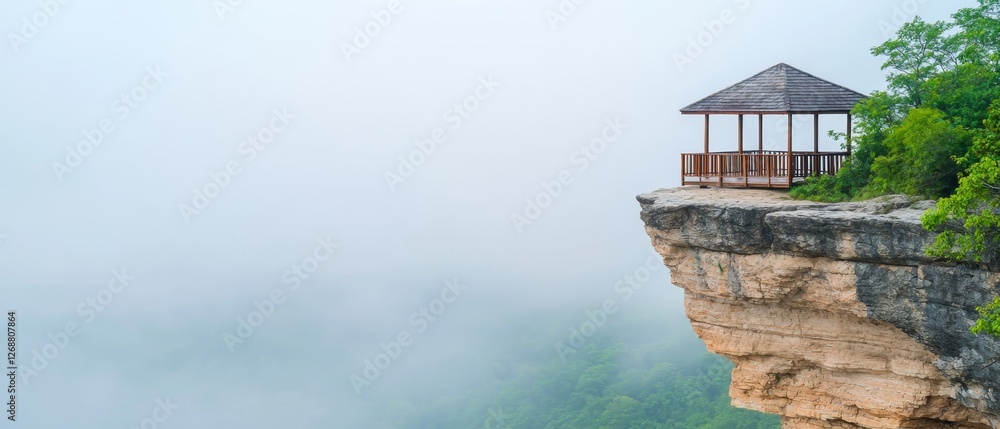 Aerial View of Cliffside Gazebo Surrounded by Fog in Scenic Landscape with Lush Greenery and Majestic Horizon Aerial View of Cliffside Gazebo Surrounded by Fog in Scenic Landscape with Lush Greenery and Majestic Horizon