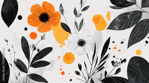 Minimalist spring illustration featuring monochromatic flowers and abstract shapes in a grayscale palette
