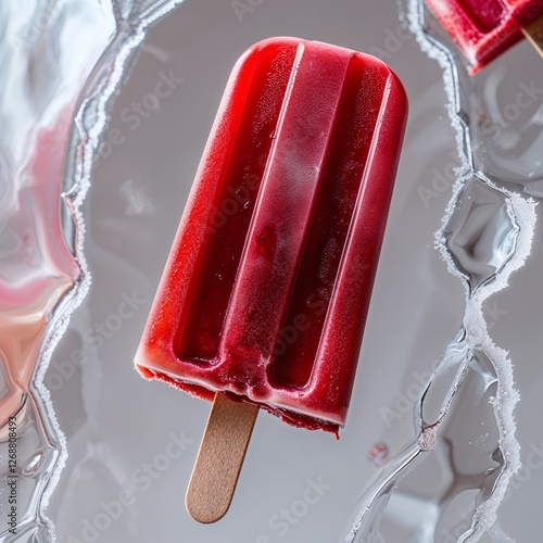 Summer's Sweet Escape: A Vibrant Red Popsicle with a Creamy Center, Melting Delightfully on a Bed of Crushed Ice.

