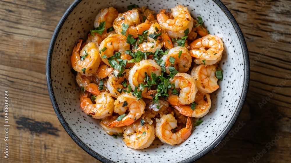 A bowl of shrimp mixed with rice and garnished with herbs. A bowl of shrimp mixed with rice and garnished with herbs.