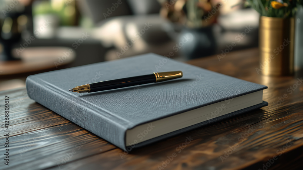 Elegant notebook and fountain pen resting on a wooden table with a cozy background of blurred seating and plants in a warm-lit room. Generative AI Elegant notebook and fountain pen resting on a wooden table with a cozy background of blurred seating and plants in a warm-lit room. Generative AI
