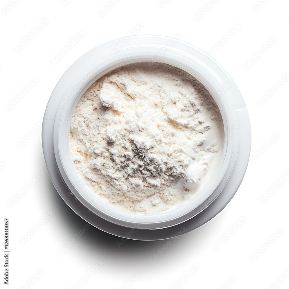 Whey protein powder and bottle on light blue background, closeup Whey protein powder and bottle on light blue background, closeup