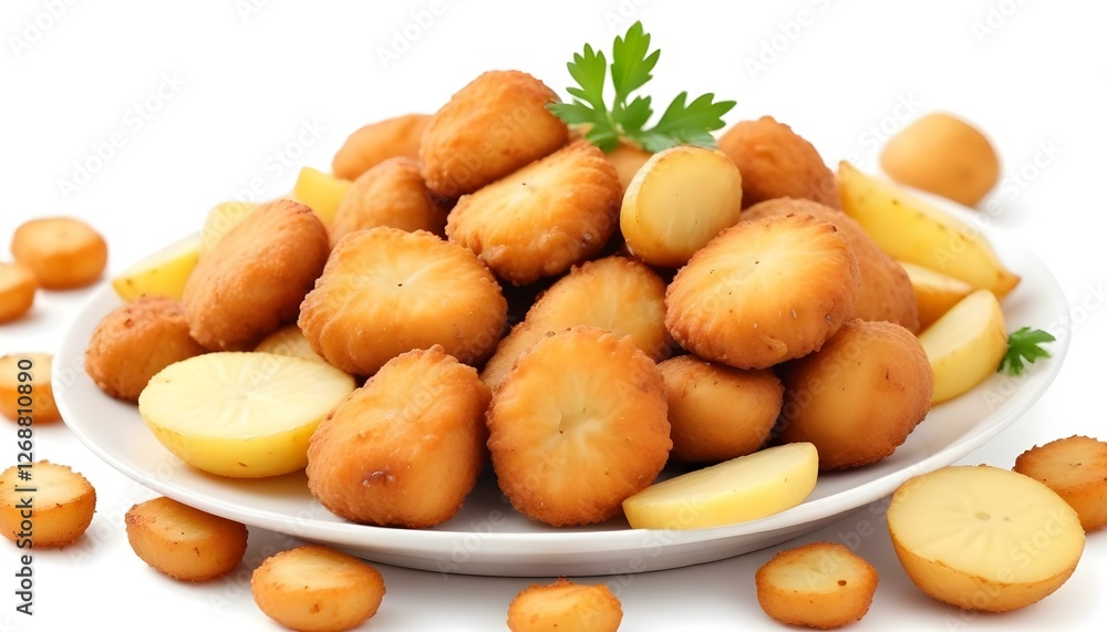 Tasty fried nuggets and potatoes isolated on white background Tasty fried nuggets and potatoes isolated on white background