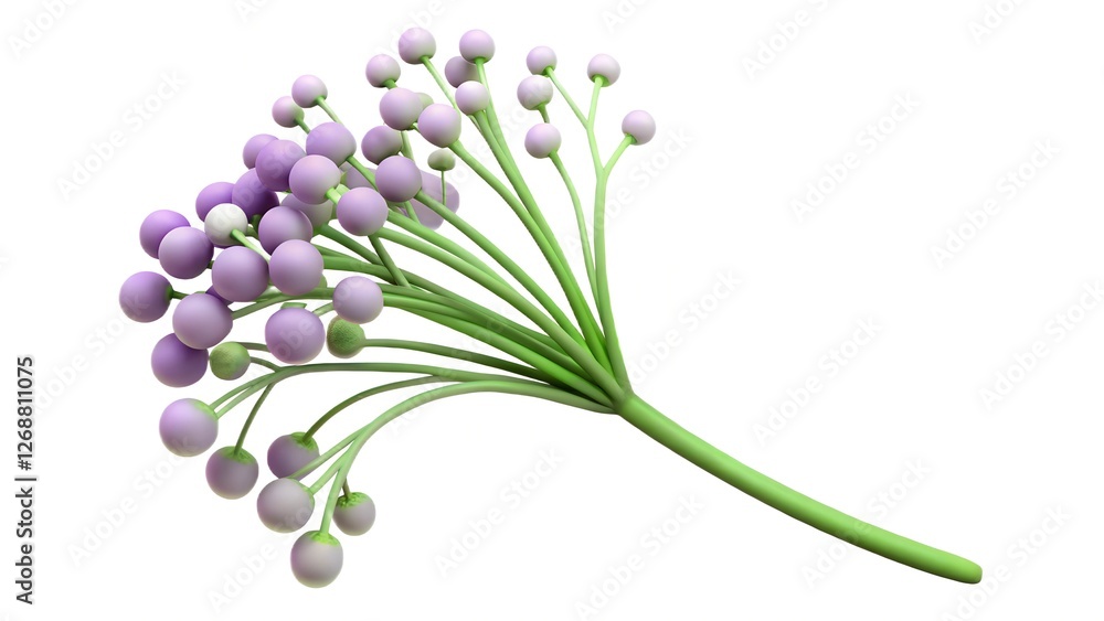 Obraz premium Bouquet of flowers, with purple and green elements. The flowers are arranged on a green stem with several branches, each branch ending in a cluster of round purple flowers.