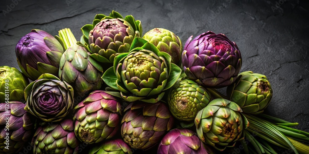 Fototapeta premium Fresh Artichokes in Various Shades on Dark Textured Background