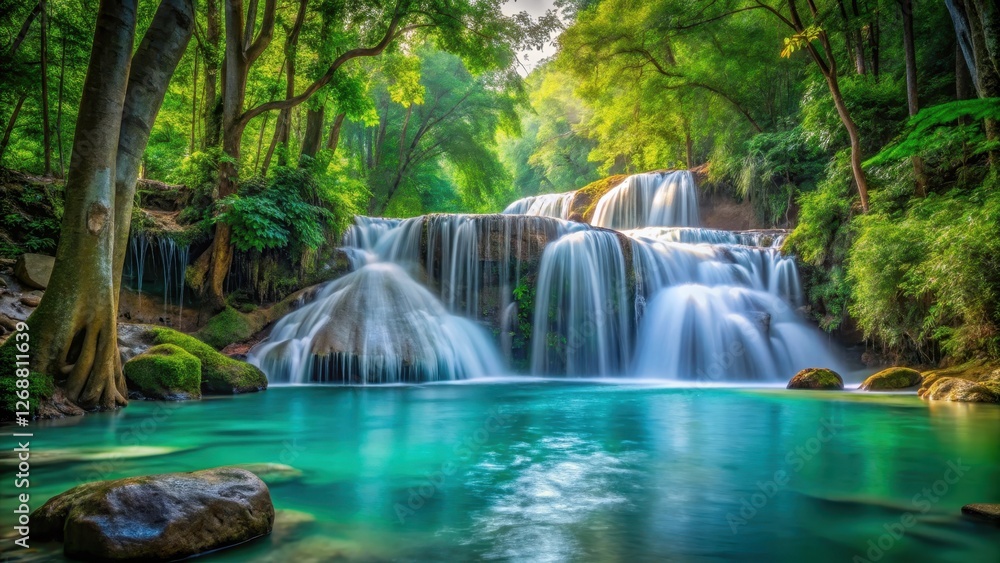 Obraz premium Waterfall cascade in dense forest, crystal clear water