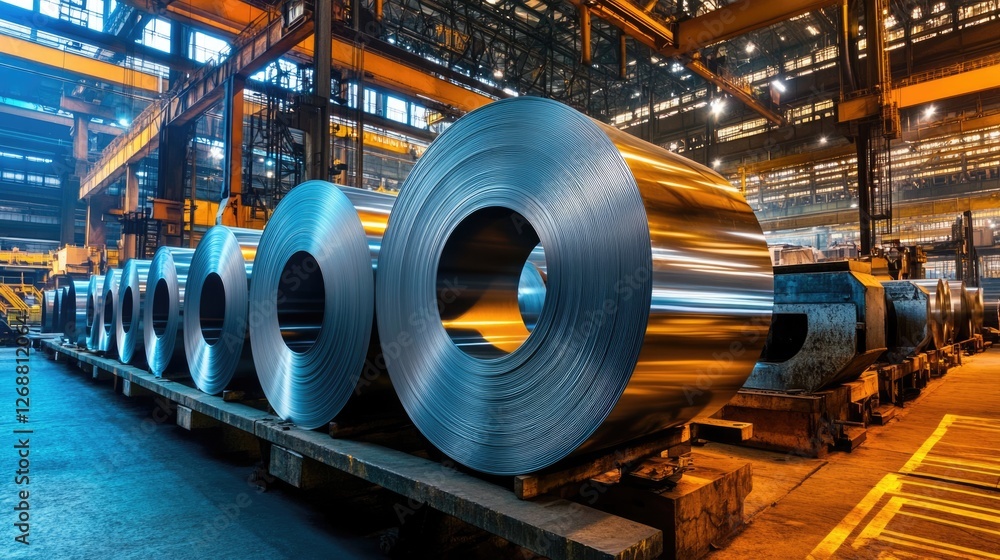 Large metal rolls in industrial factory setting Large metal rolls in industrial factory setting