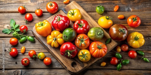 Fresh Colorful Assorted Tomatoes on Wooden Cutting Board Display