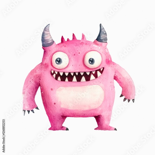 Watercolor illustration of a funny little pink monster isolated on white background.