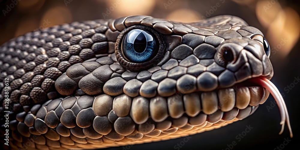 Fototapeta premium Dark, scaly face with piercing gaze and forked tongue exposed, venomous snake, closeup, venomous snake