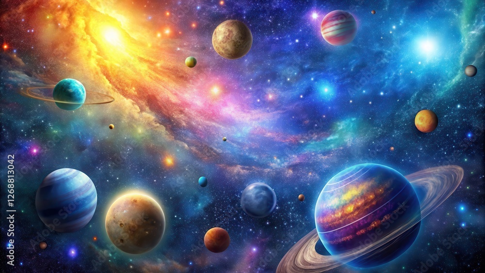 Cosmic scene of starry night sky with numerous galaxies and planets in vibrant hues , planet, universe Cosmic scene of starry night sky with numerous galaxies and planets in vibrant hues , planet, universe
