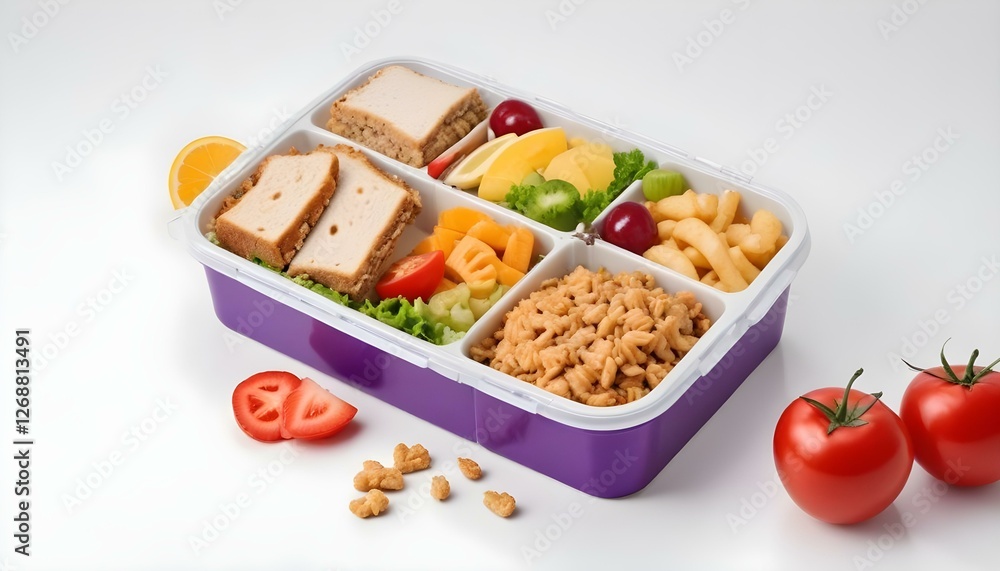 Lunch box with delicious food isolated on a white background Lunch box with delicious food isolated on a white background