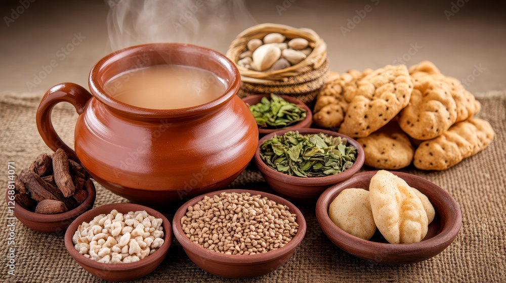 Steaming Clay Mug of Herbal Tea with Spices and Biscuits Steaming Clay Mug of Herbal Tea with Spices and Biscuits