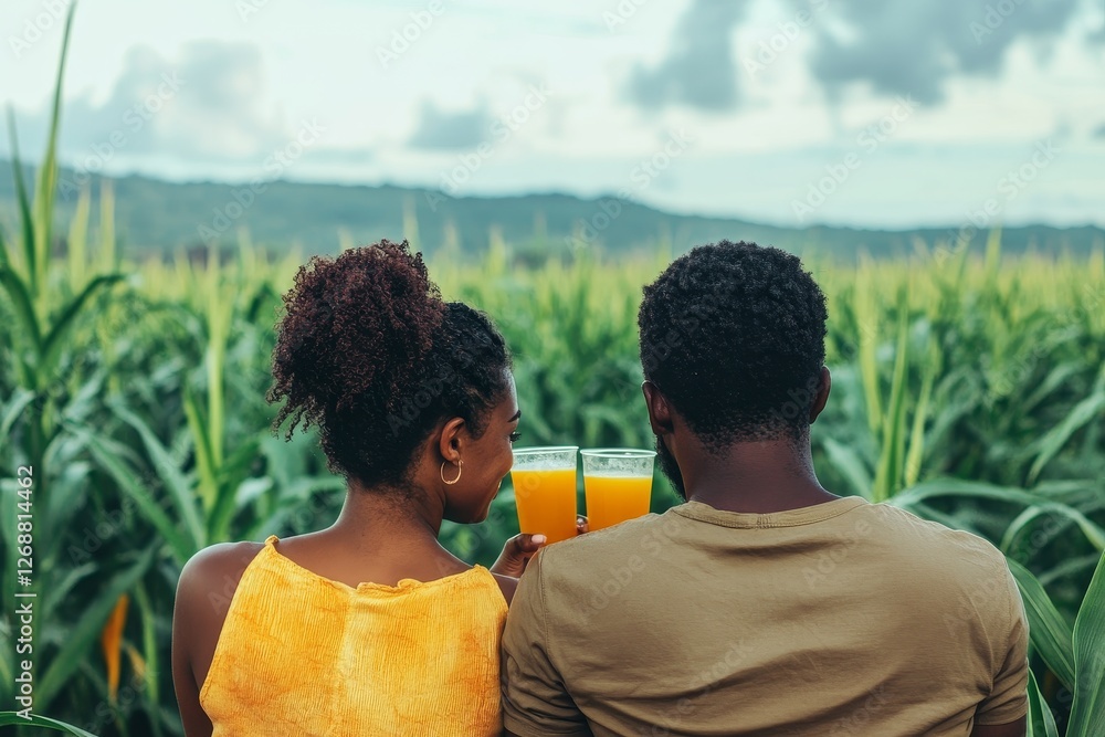 Couple toasting drinks in a cornfield. Couple toasting drinks in a cornfield.