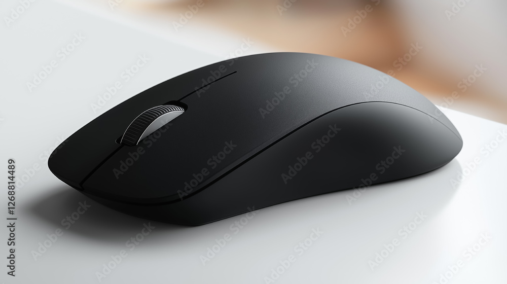 High-quality black wireless mouse on a minimalist desk with soft lighting providing an elegant workspace ambiance. Generative AI High-quality black wireless mouse on a minimalist desk with soft lighting providing an elegant workspace ambiance. Generative AI