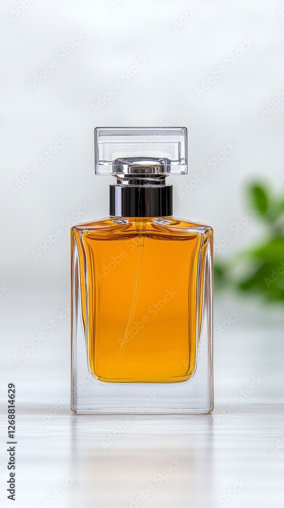 Close-up of a sleek minimalistic perfume bottle on a wooden table with soft lighting Close-up of a sleek minimalistic perfume bottle on a wooden table with soft lighting