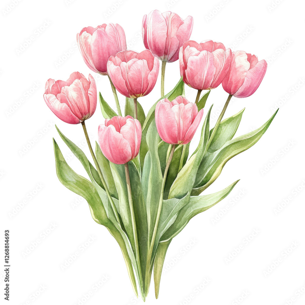 A vibrant bouquet of pink tulips elegantly arranged with lush green leaves. A vibrant bouquet of pink tulips elegantly arranged with lush green leaves.